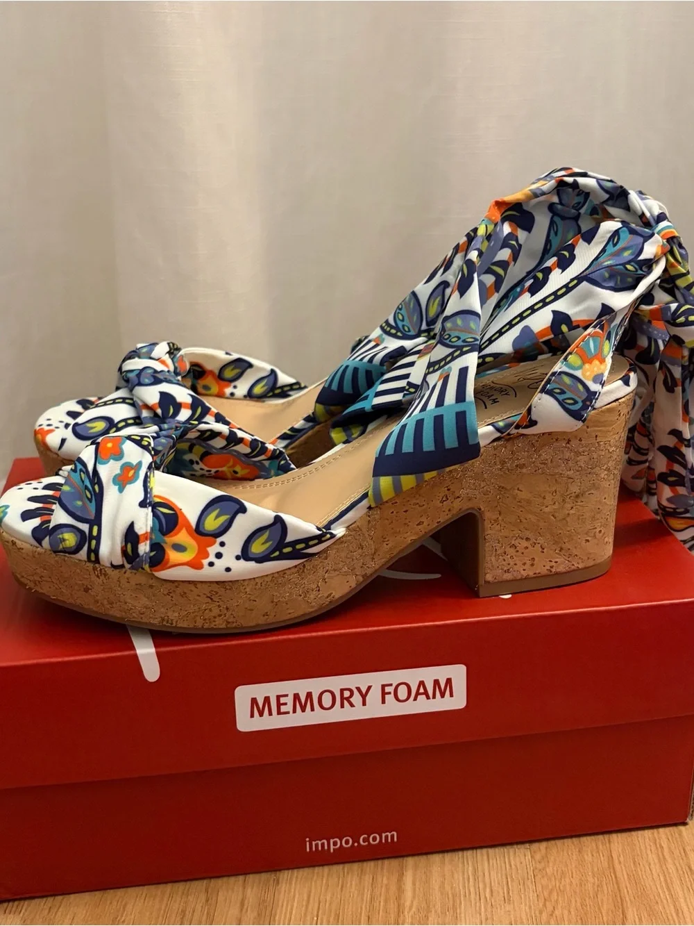 Impo Floral Tie-Wrap Cork Wedge Sandal Heels